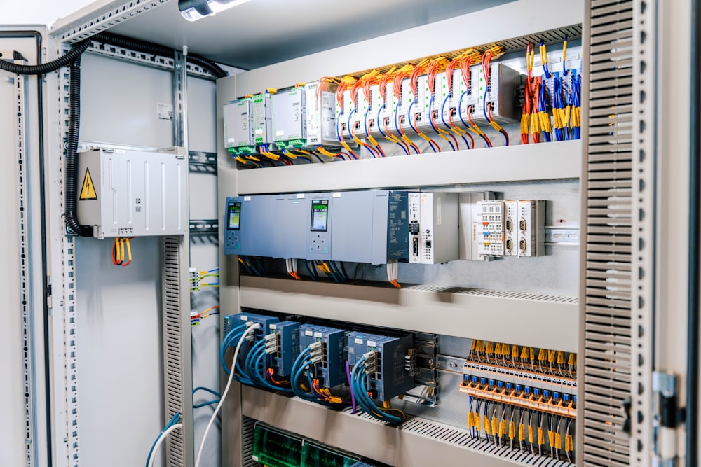 Organized wiring inside a commercial electrical control cabinet